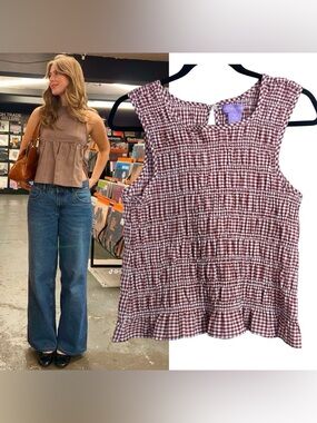 Lotus and Lavender Gingham Smocked Short Sleeve Sleeveless Fitted Blouse Top S